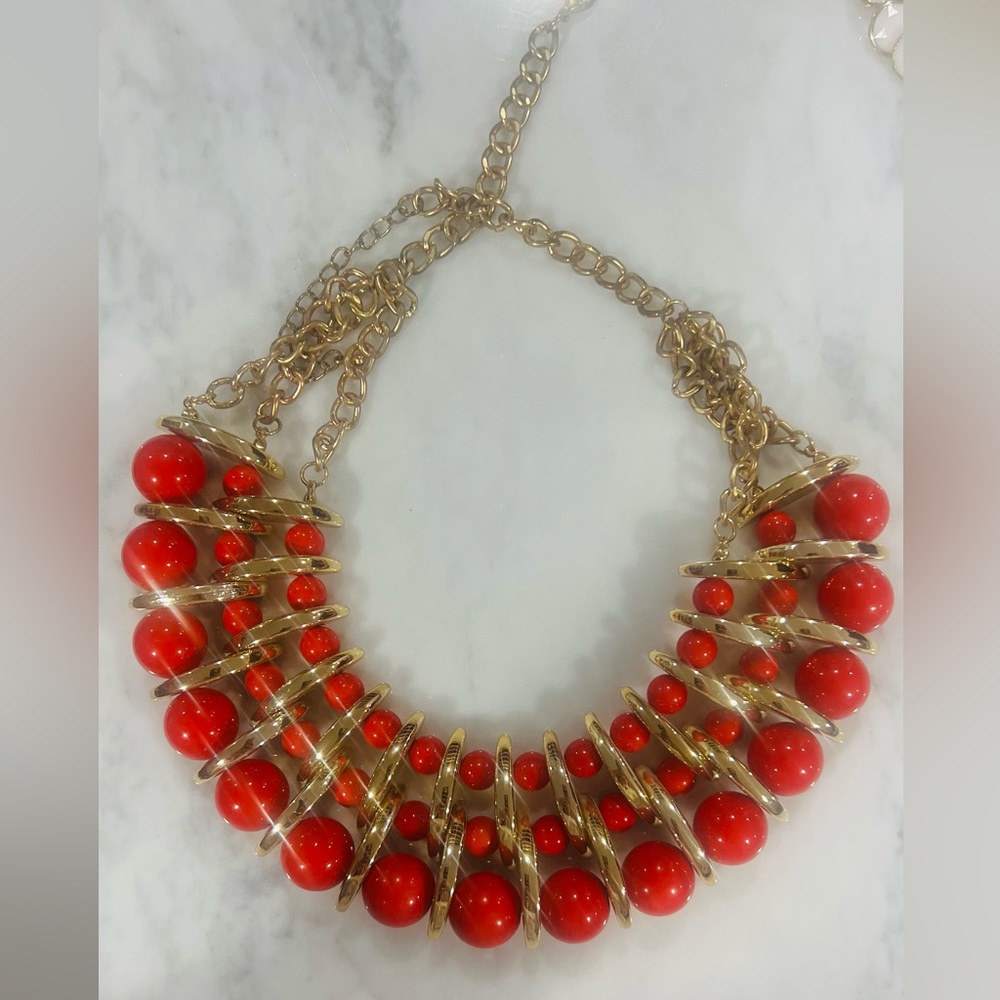 Red/Gold Large Statement Necklace - image 1